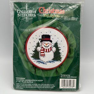 Bucilla Christmas Counted Cross Stitch Hoop Snowman 5" RD. Ruffle 32978 VTG 90s